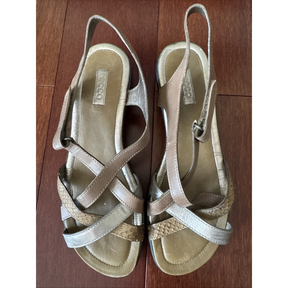 Ecco Felicia Sandals Crisscross Slingback Taupe And Metallic 38 7-7.5 Comfort